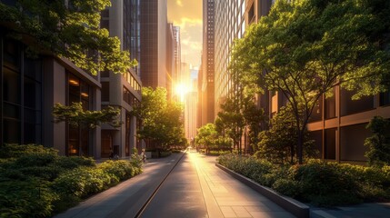 Obraz premium Serene Urban Landscape with Lush Greenery and Sunlight Illuminating Skyscrapers, Perfect for Urban Development and City Life Themes