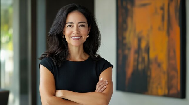 Happy cheerful 45 year old Latin professional mid aged business woman corporate leader, smiling positive mature female executive manager standing in office arms crossed looking at camera, portrait.
