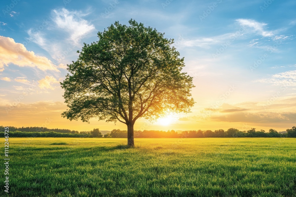 Poster lone tree rises majestically in the open field as the sun sets, casting warm hues across the sky and