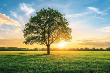 Obraz premium Lone tree rises majestically in the open field as the sun sets, casting warm hues across the sky and creating a serene atmosphere. Generative AI
