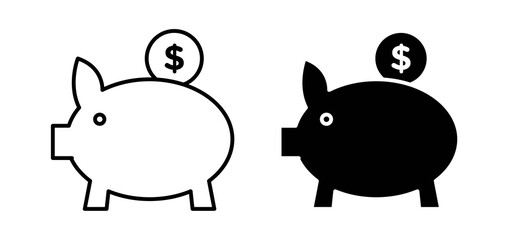 Piggy bank icons in black filled and outlined style