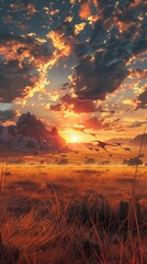 Breathtaking sunset landscape featuring a rugged mountain range silhouetted against a vibrant colorful sky filled with dramatic clouds  A grassy field stretches out in the foreground