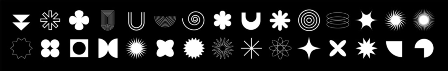 Futuristic set of brutalist geometric symbols in black outline, including shapes like stars, spirals, and squares, perfect for modern decoration.