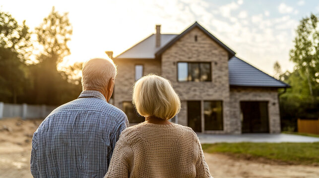 Senior couple standing looking on their house. Elderly man and woman hugging. Mortgage loan, retirement home concept