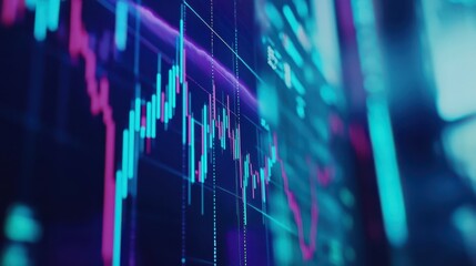 Macro close-up of a stock market investment trading chart displayed in blue, analyzing data with candlestick graphs