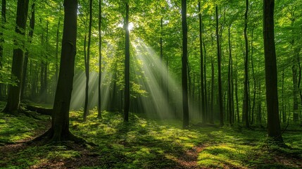 Obraz premium Sunlight Filtering Through Lush Forest