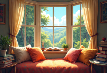 Sunlit Window Seat with Soft Cushions and Verdant Landscape View