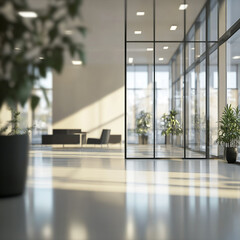 Hermoso fondo borroso de un interior de oficina moderno y luminoso con ventanas panorámicas e iluminación suave
