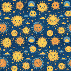 Bright celestial seamless pattern featuring smiling suns and clouds set against a deep blue background, evoking a joyful and whimsical atmosphere for design projects