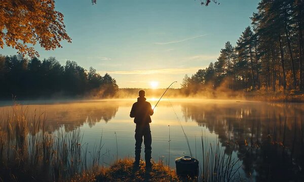 Silhouette of a man fly fishing at sunrise on a calm lake, surrounded by autumn trees and mist.