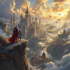 A old vintage style kingdom, where the king showing his child the beauty of the palace.