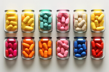 Fantastic colorful pills in plastic containers isolated on white background