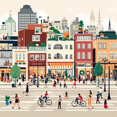 A crowded city road scene with buildings and people in bicycle and crossing the road.