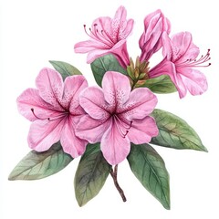 Watercolor hand painted pink rhododendron. Flower on a white background. Botanical art.