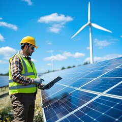 A technitian repairing the solar panels with his computer in a day light.
