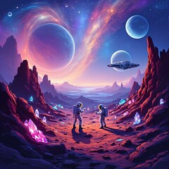 Illustration of the people in an unknown planet mining diamonds wearing the space suit.