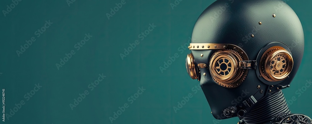 Poster futuristic robot head with steampunk goggles on a green backdrop.
