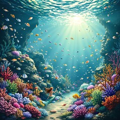 Illustration of the sea or ocean with marine life and mermaid and sea animals and plants.