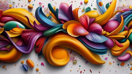 Obraz premium Abstract colorful organic shapes swirling in a vibrant pattern with scattered elements.