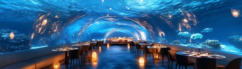 Luxury underwater restaurant. Diners enjoy exquisite meal surrounded by marine life in a stunning aquarium tunnel.