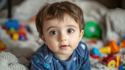 Fototapeta premium Curious Toddler Among Colorful Toys