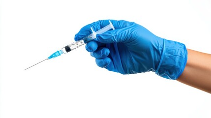 Medical syringe in hand with latex blue glove with liquid for injection isolated on white background