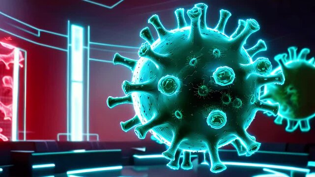 A stylized, glowing representation of a virus in a futuristic environment.