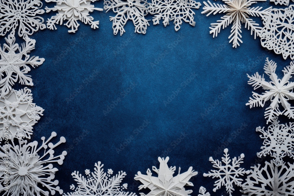 Poster beautifully crafted paper snowflakes adorn a deep blue background, providing an elegant space for ad