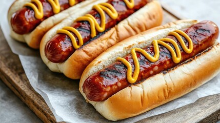 Savory hot dogs with mustard on a wooden board, tempting and delicious.