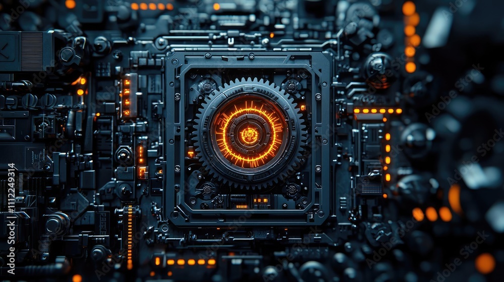 Poster close-up of a futuristic circuit board with glowing components and intricate details.