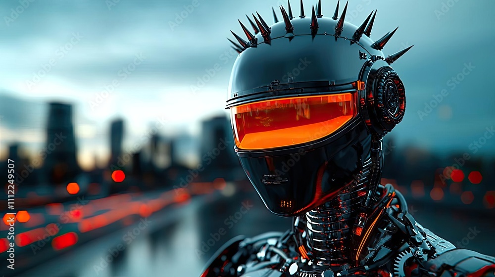 Poster futuristic robot with spiked features and glowing visor against a city backdrop.