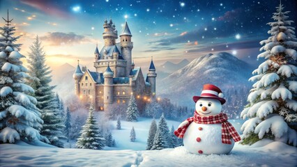 Obraz premium Enchanting Winter Scene: A Snowman Standing Proudly in Front of a Majestic Castle Surrounded by a Serene Winter Forest, Capturing the Spirit of a Fairy Tale Adventure
