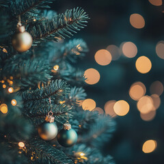 Árbol de Navidad con adornos y luces brillantes borrosas de fondo