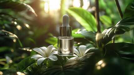 Natural beauty serum bottle surrounded by lush greenery and white flowers in soft sunlight