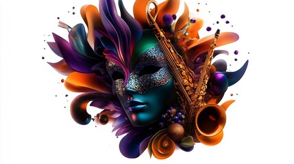 Abstract mask design with musical instruments, vibrant colors and flowing shapes.