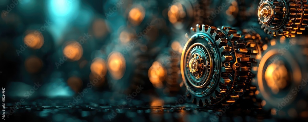 Poster close-up of intricate mechanical gears with a glowing effect, soft focus background.