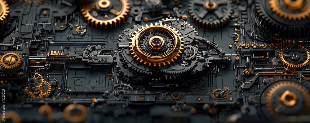 Aufkleber intricate gears and mechanisms on a dark surface, showcasing mechanical complexity.