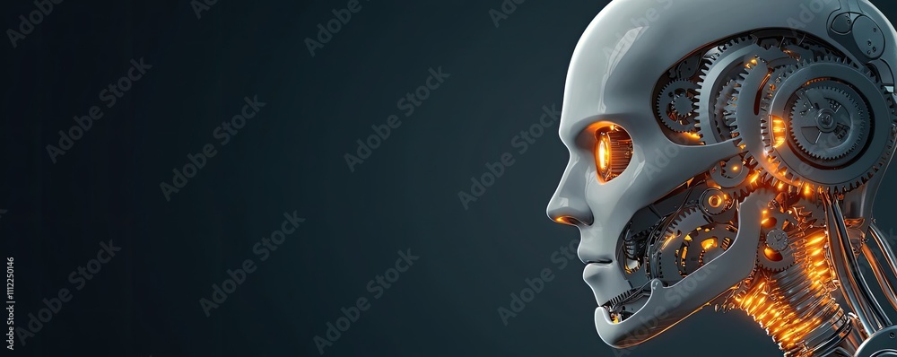 Poster futuristic robot head with illuminated circuits on dark background.