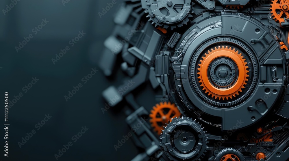 Poster close-up of intricate mechanical gears with a modern design and orange accents.