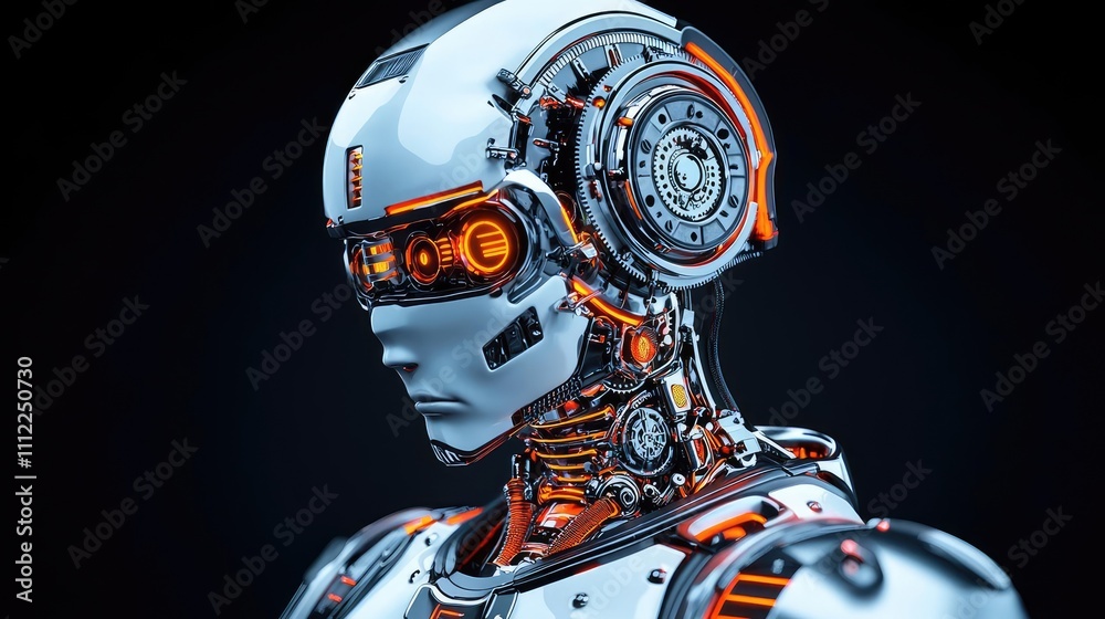 Poster futuristic robotic design featuring intricate mechanics and luminous details.