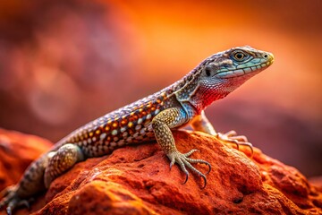 Fototapeta premium Stunning Low Light Photography of a Small Scaly Lizard Perched on a Bright Red Rock, Showcasing its Agile Form and Natural Habitat in a Vibrant Contrast of Colors