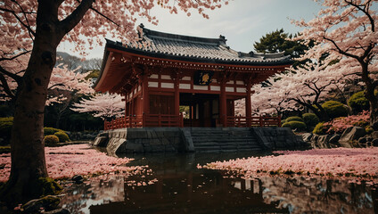 Obraz premium A traditional Japanese temple, surrounded by pink cherry blossoms and gardens. A paved