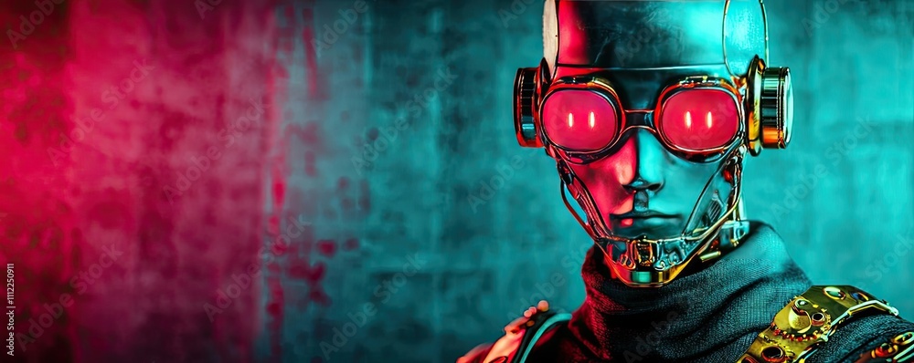 Poster futuristic robot with neon lights on a colorful background.