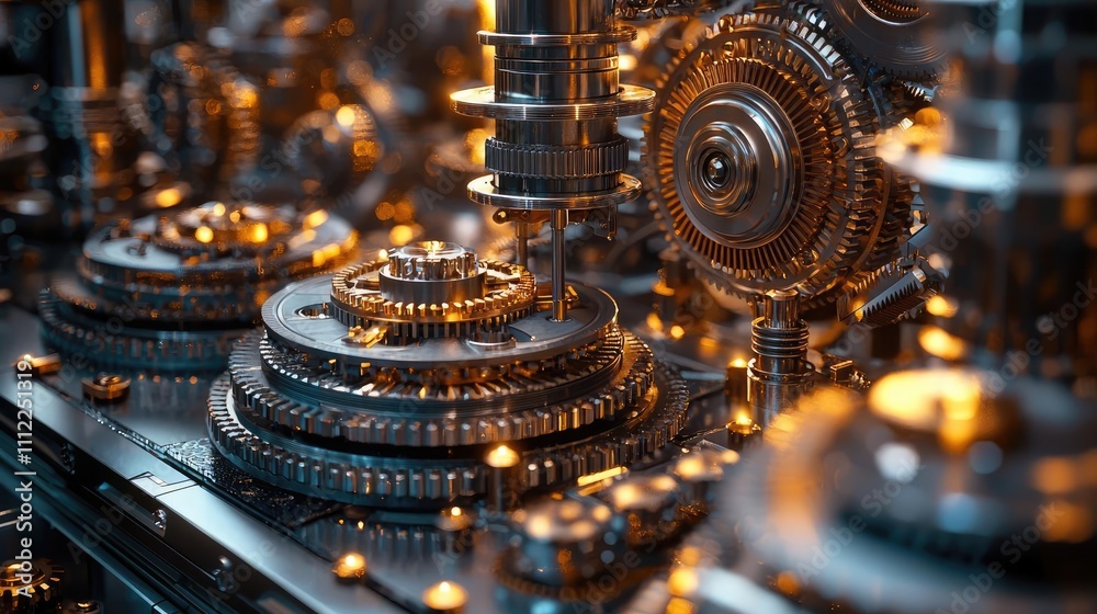 Poster intricate machinery with golden gears and cogs, showcasing advanced technology.