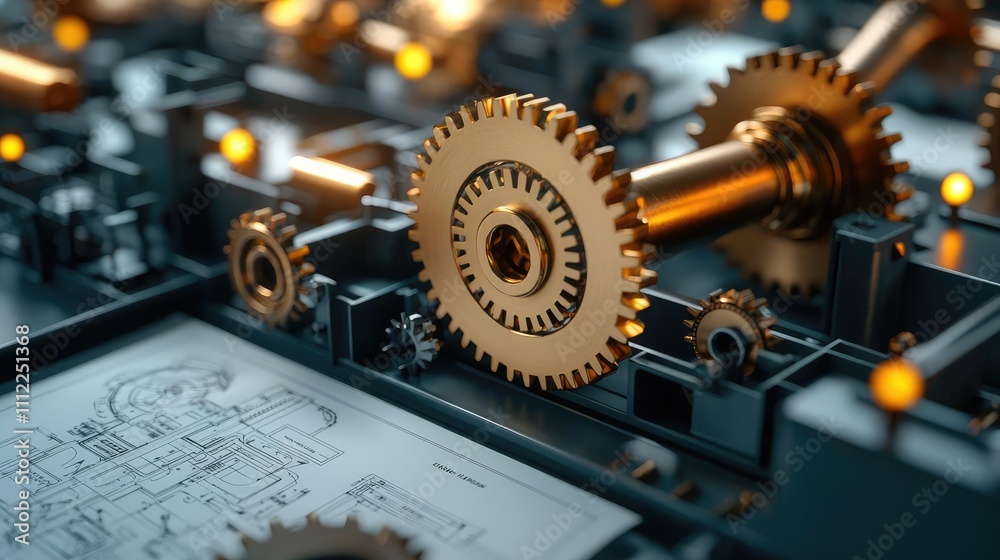 Poster Close-up of intricate golden gears and machine components in a mechanical setting.