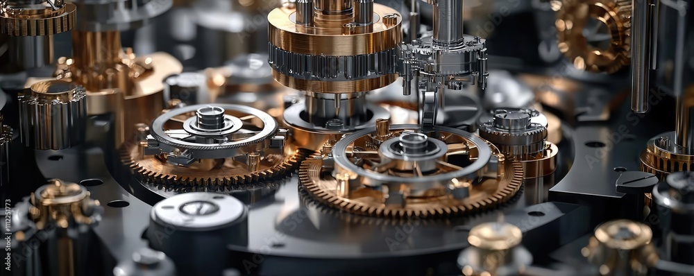 Poster close-up of intricate mechanical gears in a modern timepiece.