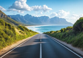 Naklejka premium Scenic Coastal Road with Lush Greenery and Majestic Mountains in Background under Bright Blue Sky and Fluffy White Clouds near the Ocean Shoreline in Beautiful Natural Environment