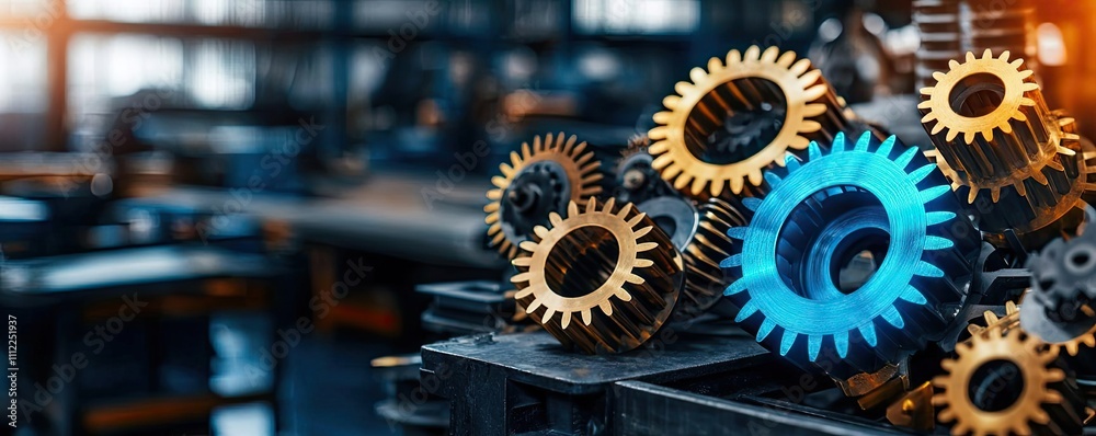 Aufkleber close-up of colorful gears in a workshop with industrial background.