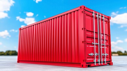 A bright red shipping container stands against a clear blue sky, showcasing its metallic structure and details.