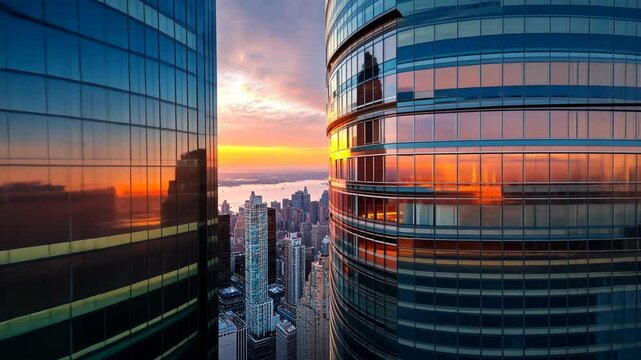 Sunset cityscape with modern skyscrapers and city skyline.